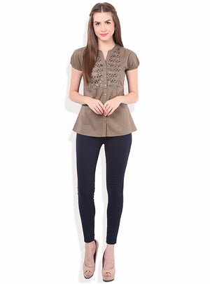 PORSORTE Women's Handwork Sequins Brown Shirt - www.porsorte.in