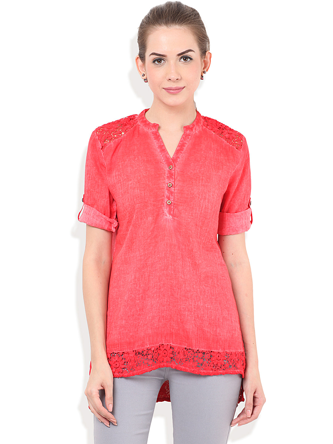 PORSORTE Washed Tunic with lacy hem and shoulder - www.porsorte.in