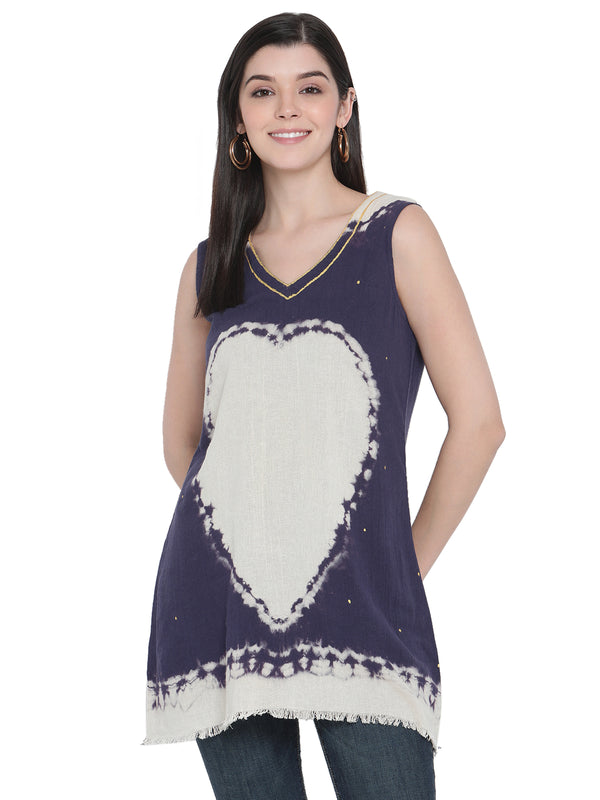 Porsorte Womens Hand Painted Cotton Gauze Heart Navy Blue white Top