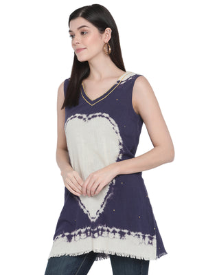 Porsorte Womens Hand Painted Cotton Gauze Heart Navy Blue white Top