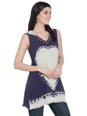 Porsorte Womens Hand Painted Cotton Gauze Heart Navy Blue white Top