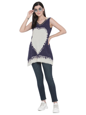 Porsorte Womens Hand Painted Cotton Gauze Heart Navy Blue white Top