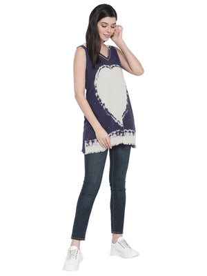 Porsorte Womens Hand Painted Cotton Gauze Heart Navy Blue white Top