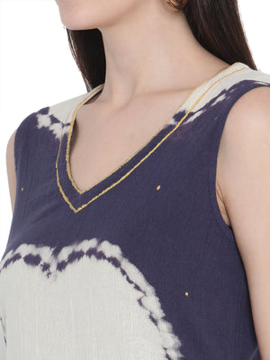 Porsorte Womens Hand Painted Cotton Gauze Heart Navy Blue white Top