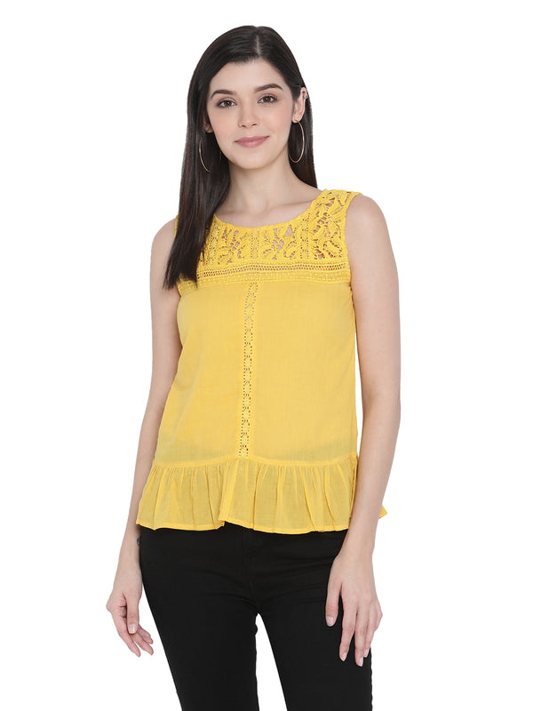 Porsorte Womens Pigment Washed Yellow Cotton Voile with Lace Embroidery Top