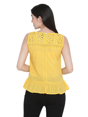 Porsorte Womens Pigment Washed Yellow Cotton Voile with Lace Embroidery Top