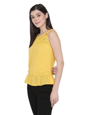 Porsorte Womens Pigment Washed Yellow Cotton Voile with Lace Embroidery Top