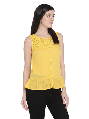 Porsorte Womens Pigment Washed Yellow Cotton Voile with Lace Embroidery Top