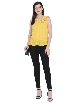 Porsorte Womens Pigment Washed Yellow Cotton Voile with Lace Embroidery Top