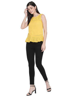 Porsorte Womens Pigment Washed Yellow Cotton Voile with Lace Embroidery Top