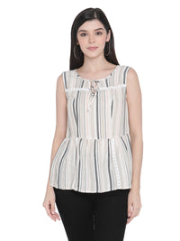 Porsorte Womens Cotton Viscose Stripes with Lace Embroidery tie-up Top
