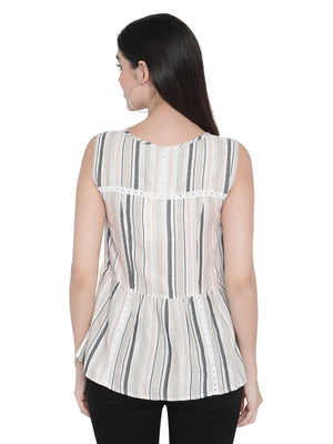 Porsorte Womens Cotton Viscose Stripes with Lace Embroidery tie-up Top