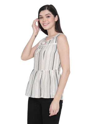 Porsorte Womens Cotton Viscose Stripes with Lace Embroidery tie-up Top