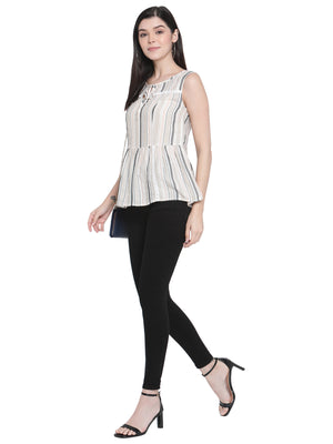 Porsorte Womens Cotton Viscose Stripes with Lace Embroidery tie-up Top