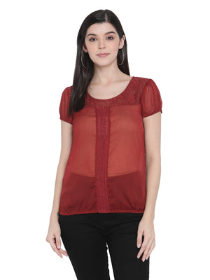 Porsorte Womens Wine Poly Chiffon Lace Detailing Top