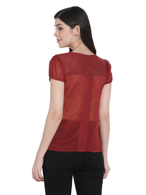 Porsorte Womens Wine Poly Chiffon Lace Detailing Top