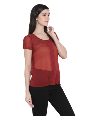 Porsorte Womens Wine Poly Chiffon Lace Detailing Top