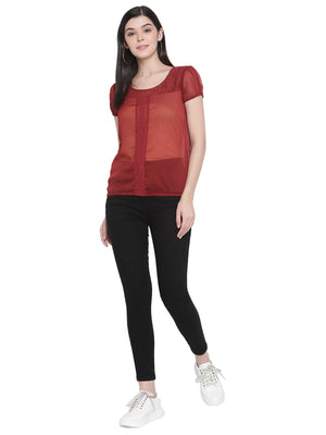 Porsorte Womens Wine Poly Chiffon Lace Detailing Top