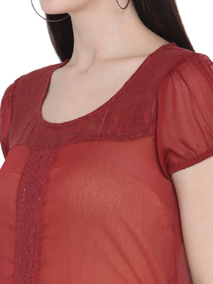 Porsorte Womens Wine Poly Chiffon Lace Detailing Top