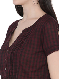 PORSORTE Women's 100% Cotton Dyed checks Wine Shirt