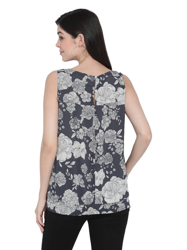 Porsorte Womens Grey Off White Floral Print Sleeveless Top