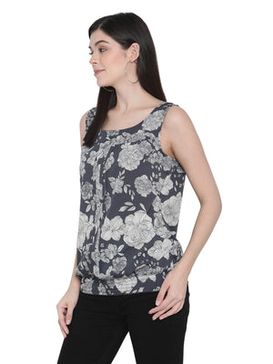 Porsorte Womens Grey Off White Floral Print Sleeveless Top
