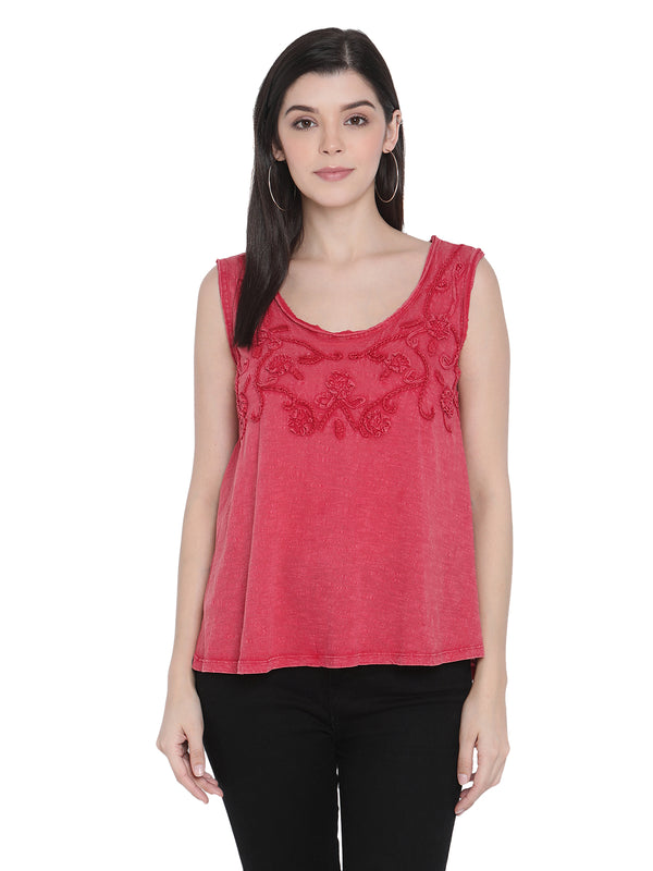 Porsorte Womens Red Cotton Slub Embroidery Sleeveless Top