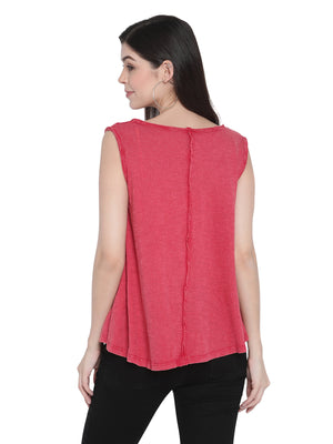Porsorte Womens Red Cotton Slub Embroidery Sleeveless Top