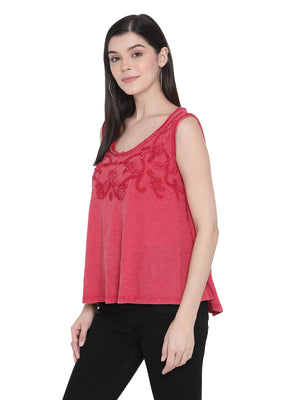 Porsorte Womens Red Cotton Slub Embroidery Sleeveless Top