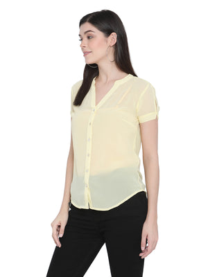 Porsorte Womens Yellow Polyester Georgette Short Sleeve Shirt Top