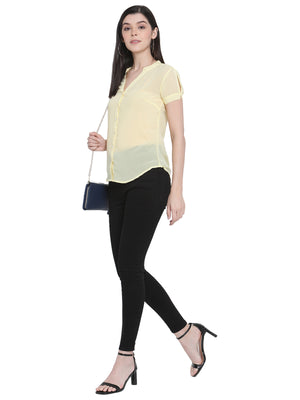 Porsorte Womens Yellow Polyester Georgette Short Sleeve Shirt Top