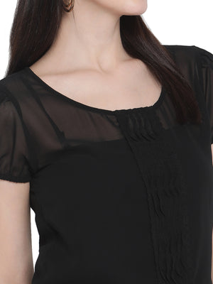Porsorte Women Black Polyester georgette Pleated front Top