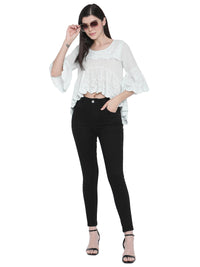 Porsorte Womens Cotton embroidery Bell Sleeve Light Blue Top