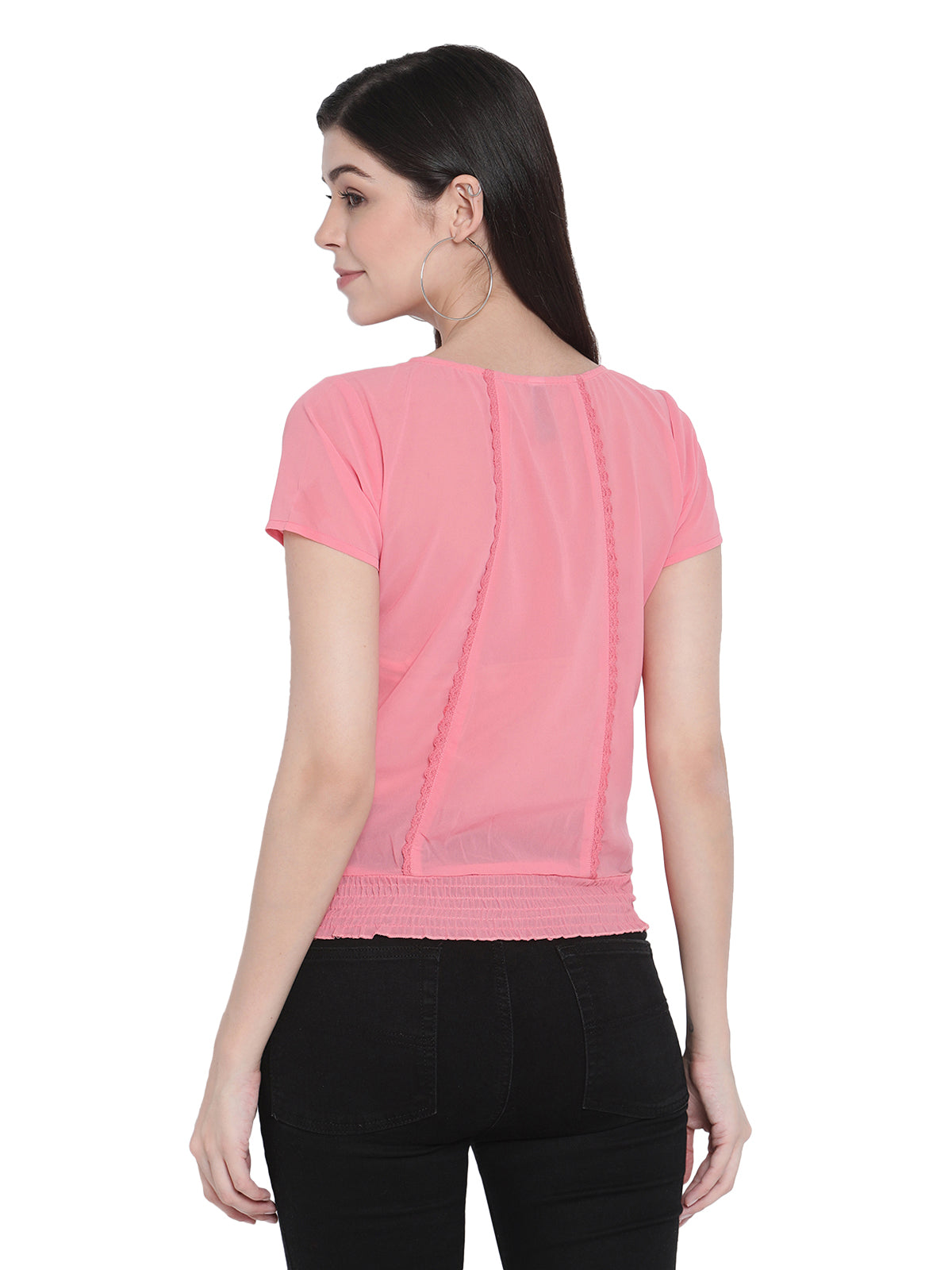 Porsorte Womens Peach Poly Georgette front Pleated Bottom Elastic  Top