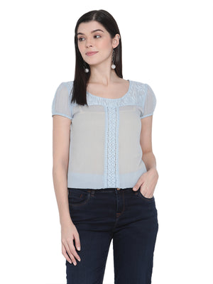 Porsorte Womens Light Blue Poly Chiffon Lace Inserts  Top