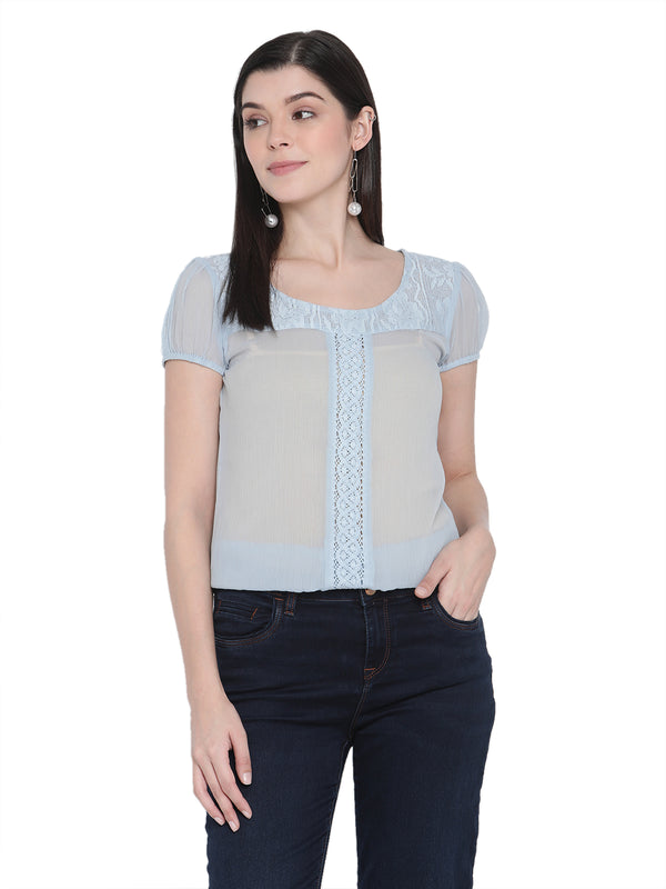 Porsorte Womens Light Blue Poly Chiffon Lace Inserts  Top