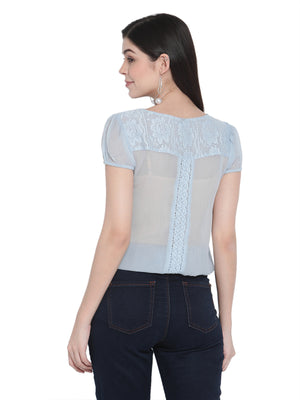 Porsorte Womens Light Blue Poly Chiffon Lace Inserts  Top