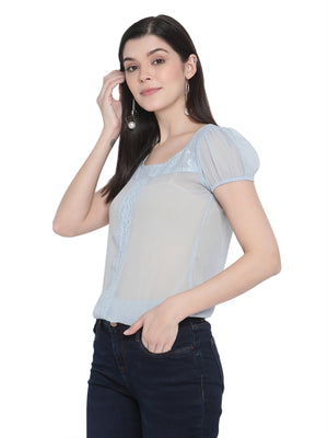 Porsorte Womens Light Blue Poly Chiffon Lace Inserts  Top