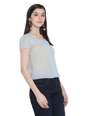 Porsorte Womens Light Blue Poly Chiffon Lace Inserts  Top
