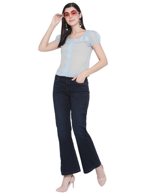 Porsorte Womens Light Blue Poly Chiffon Lace Inserts  Top