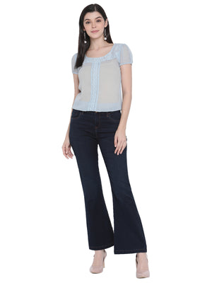 Porsorte Womens Light Blue Poly Chiffon Lace Inserts  Top