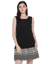 Porsorte Womens Black 100% Cotton Jersey Sleeveless Lace Inserts Top