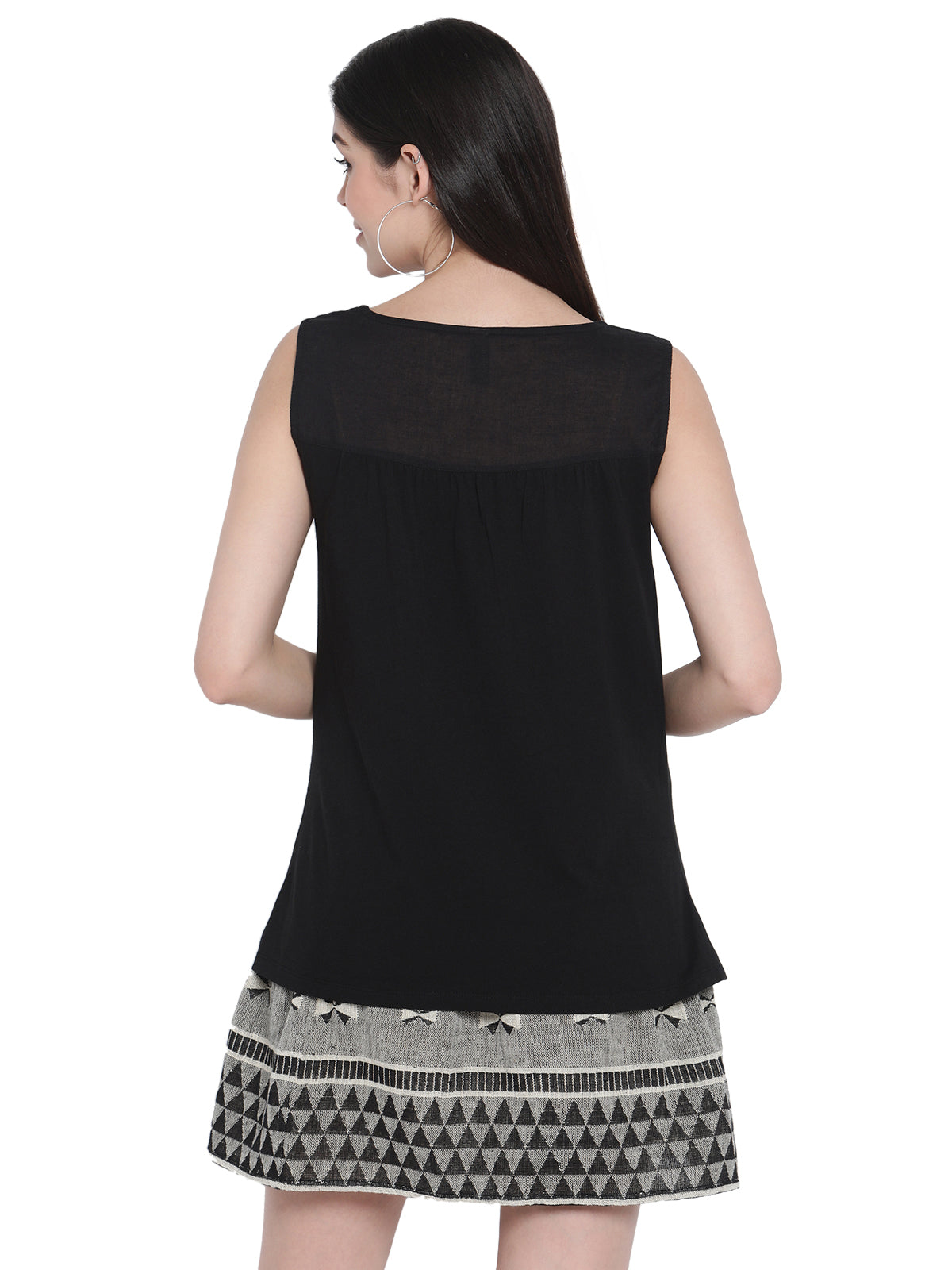Porsorte Womens Black 100% Cotton Jersey Sleeveless Lace Inserts Top