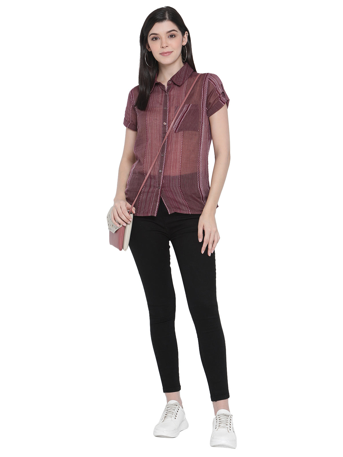 PORSORTE Women's 100% Cotton Striped Wine Shirt