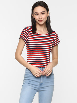 Porsorte Women Ribbed Fitted Red and Black Striped Cotton Jersey Ribbed Crop Top