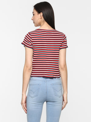Porsorte Women Ribbed Fitted Red and Black Striped Cotton Jersey Ribbed Crop Top