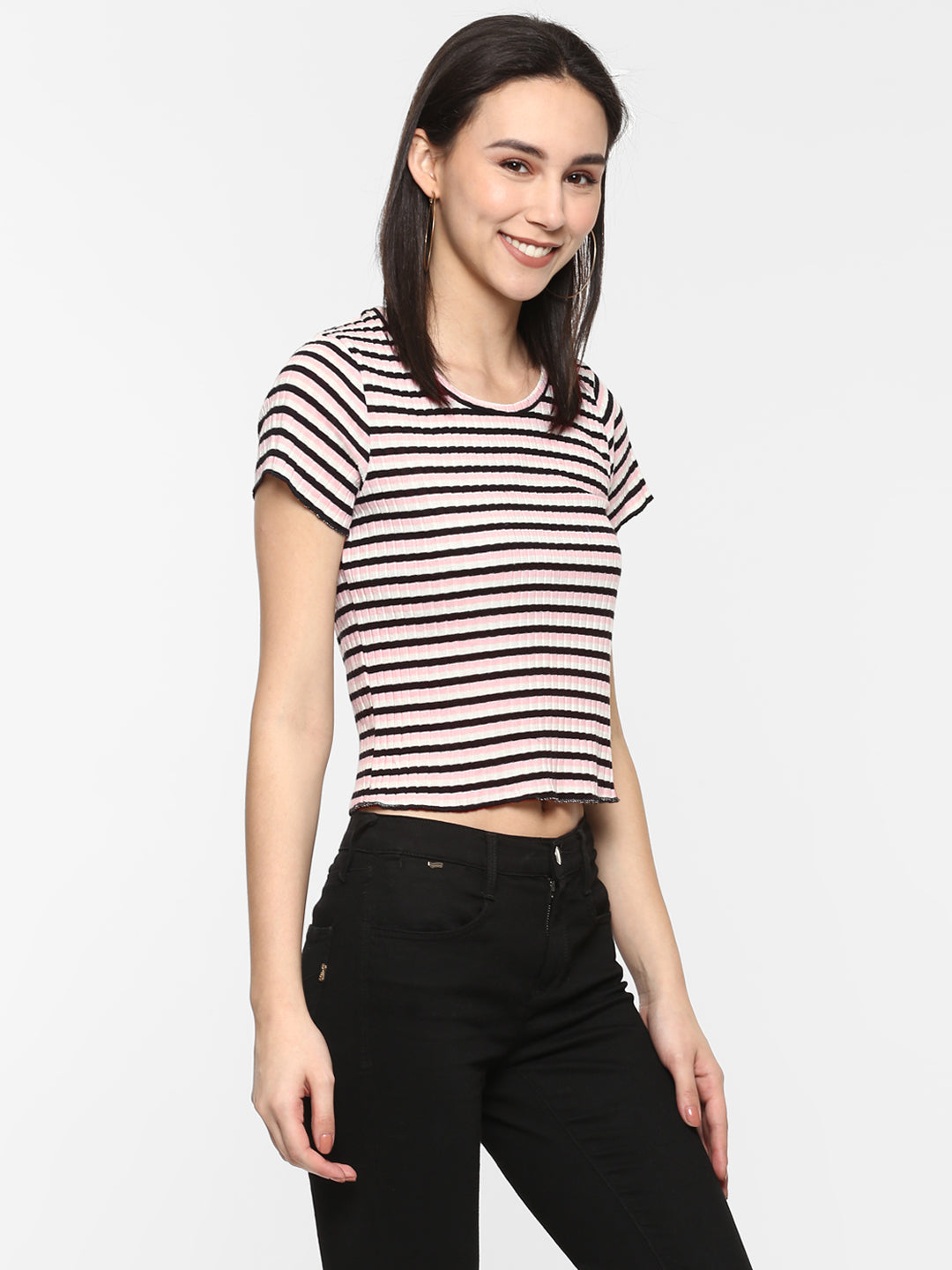 Porsorte Women Ribbed Fitted Black and Pink Striped Cotton Jersey Ribbed Crop Top