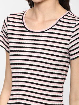Porsorte Women Ribbed Fitted Black and Pink Striped Cotton Jersey Ribbed Crop Top