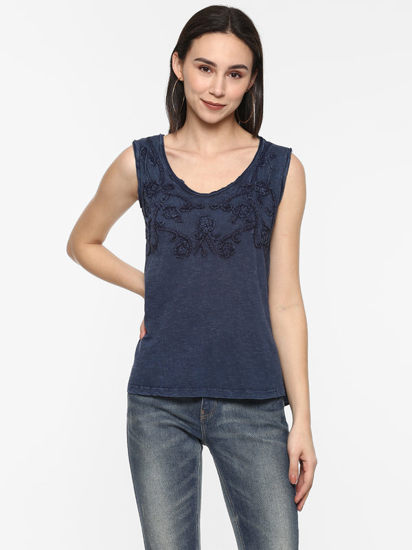 Porsorte Womens Blue Cotton Slub Embroidery Sleeveless Top
