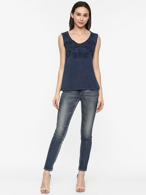Porsorte Womens Blue Cotton Slub Embroidery Sleeveless Top
